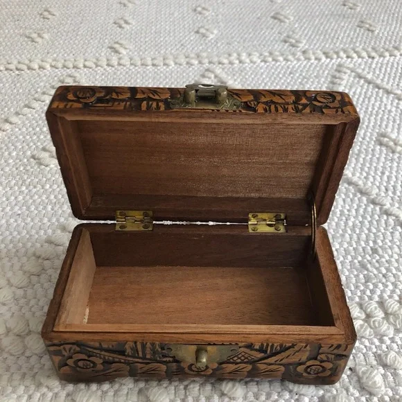 Antique Asian Scenes Hand Carved Ornamental Wood Box/Brass